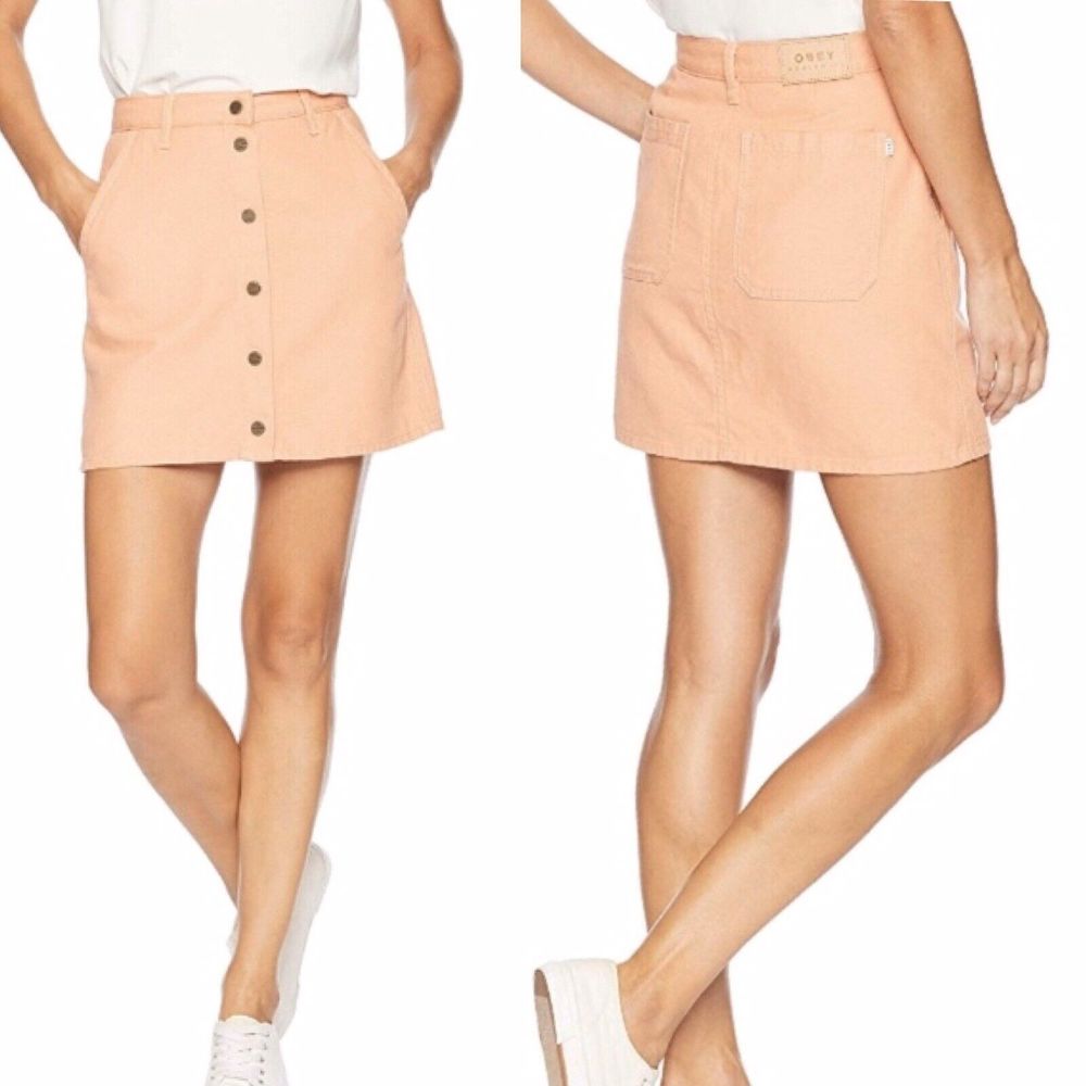 OBEY Coral Pink A Line Snap Button Denim Skirt Size 29